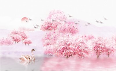 фотообои Лебеди в розовом саду